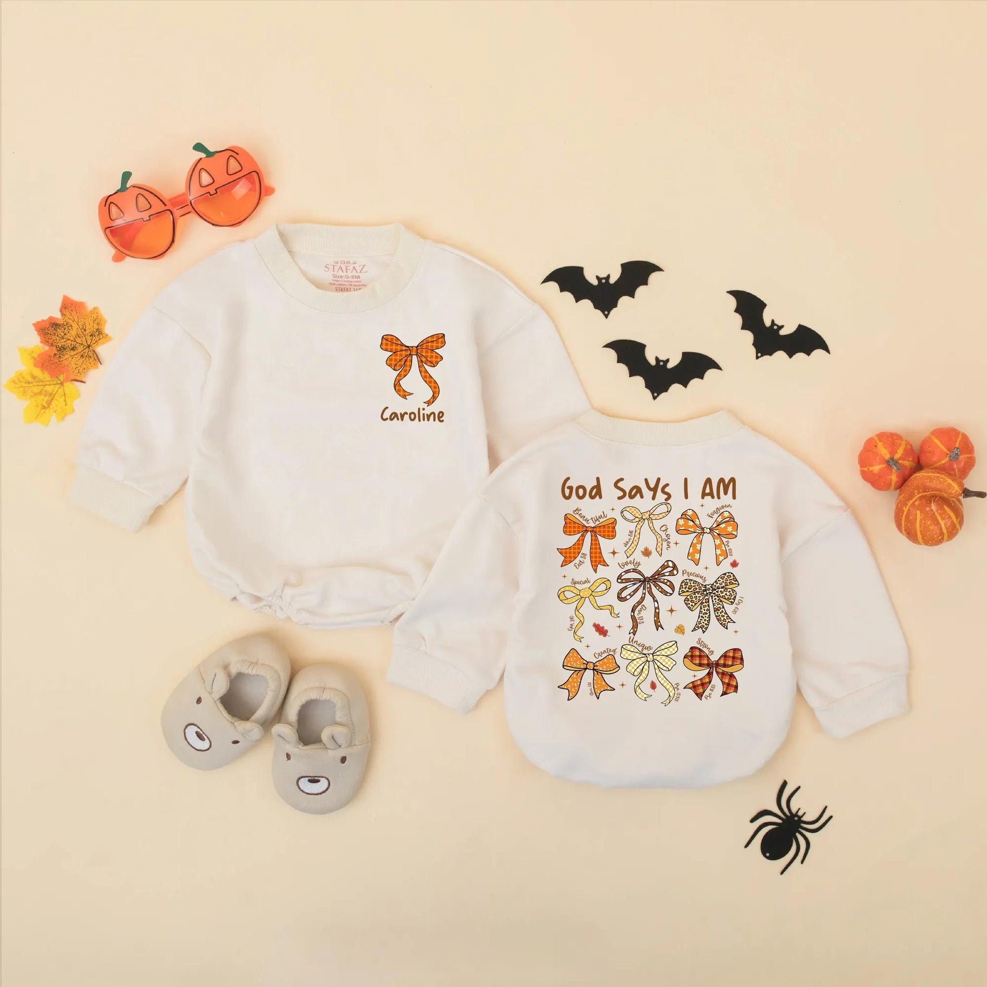 God Says I Am Fall Baby Romper: Beautiful, Loved, Unique. Rustic Thanksgiving Bows Bodysuit for Baby Girl, Autumn Religious Christian Gift, 138 chars