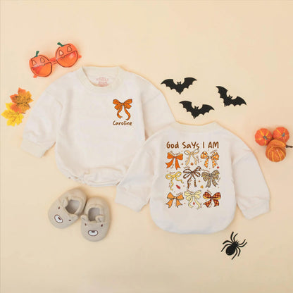God Says I Am Fall Baby Romper: Beautiful, Loved, Unique. Rustic Thanksgiving Bows Bodysuit for Baby Girl, Autumn Religious Christian Gift, 138 chars