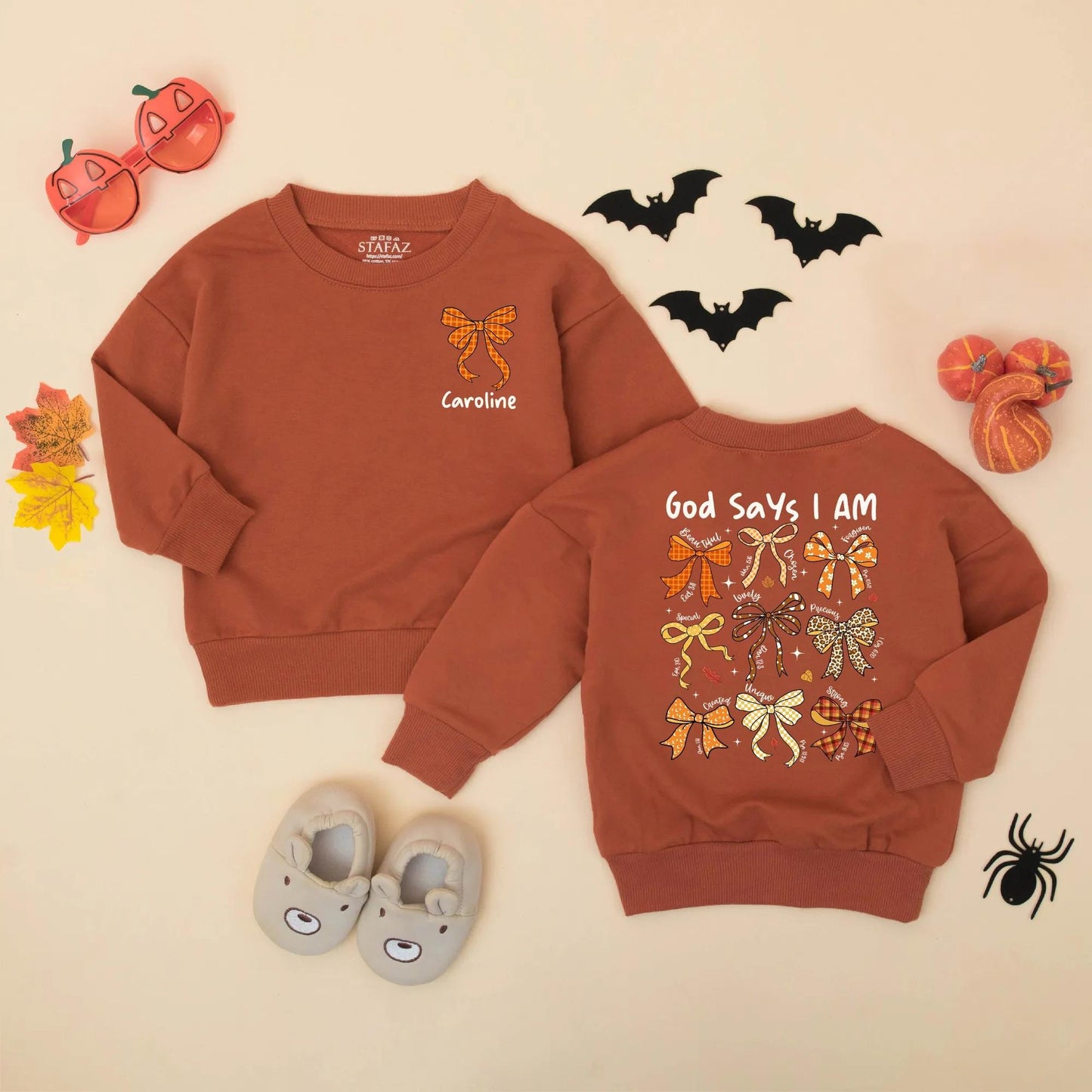 God Says I Am Fall Baby Romper: Beautiful, Loved, Unique. Rustic Thanksgiving Bows Bodysuit for Baby Girl, Autumn Religious Christian Gift, 138 chars