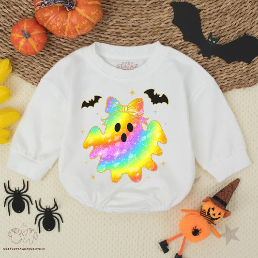 Rainbow Ghost Baby Romper: Glitter Bow Halloween Bodysuit for Baby Girl, Cute First Halloween Outfit, Spooky Season Costume, Fun Fall Romper 138