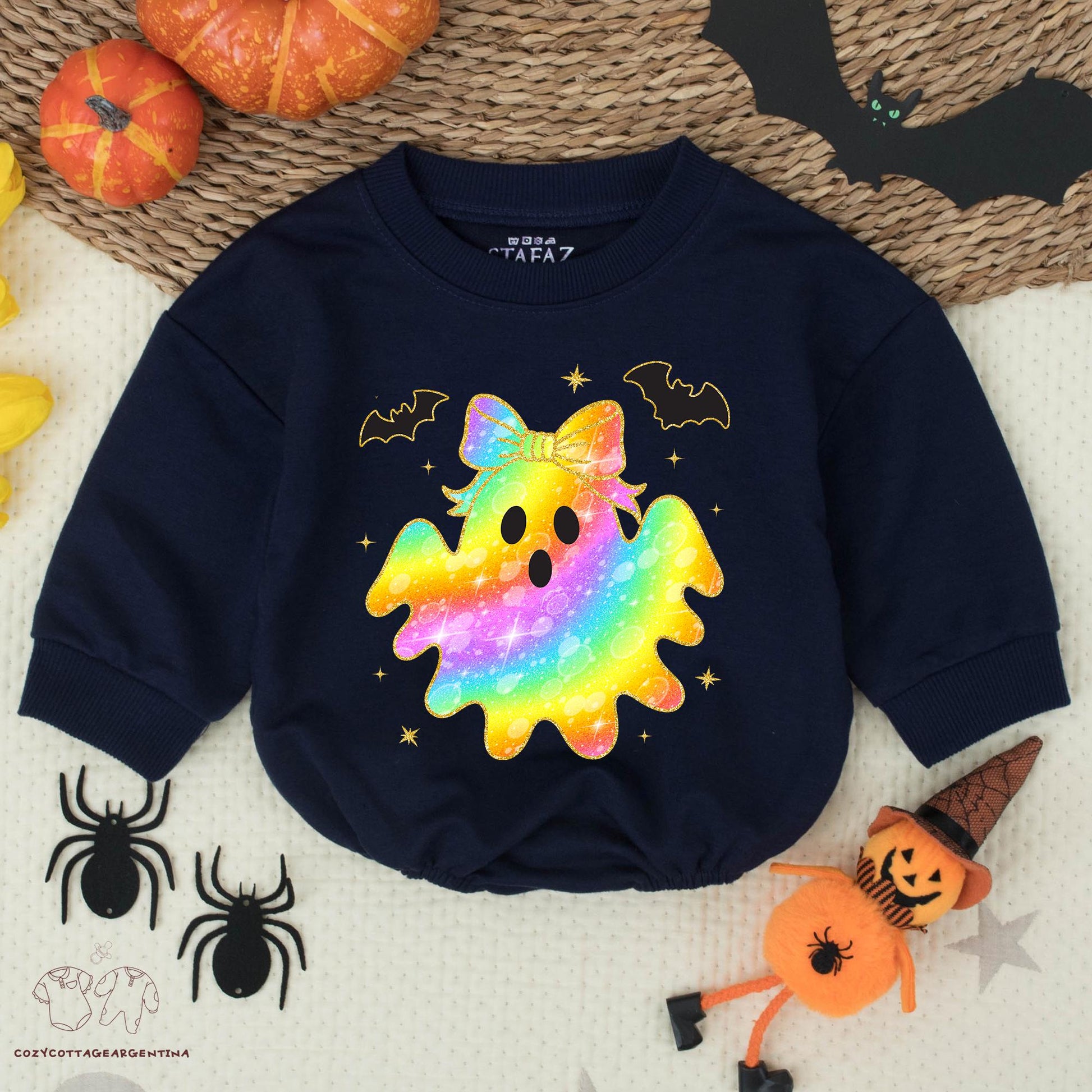 Rainbow Ghost Baby Romper: Glitter Bow Halloween Bodysuit for Baby Girl, Cute First Halloween Outfit, Spooky Season Costume, Fun Fall Romper 138
