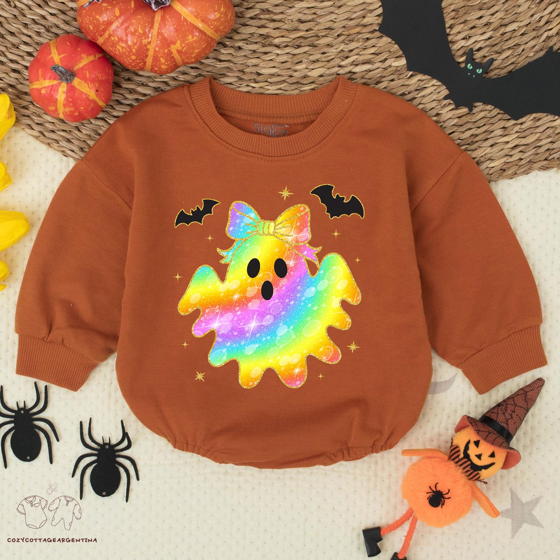 Rainbow Ghost Baby Romper: Glitter Bow Halloween Bodysuit for Baby Girl, Cute First Halloween Outfit, Spooky Season Costume, Fun Fall Romper 138
