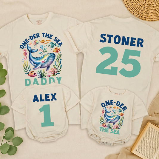Personalized One-Der the Sea Boy First Birthday Shirt with Cartoon Whale & Colorful Ocean Animals Design Soft Cotton Baby Outfit Playful