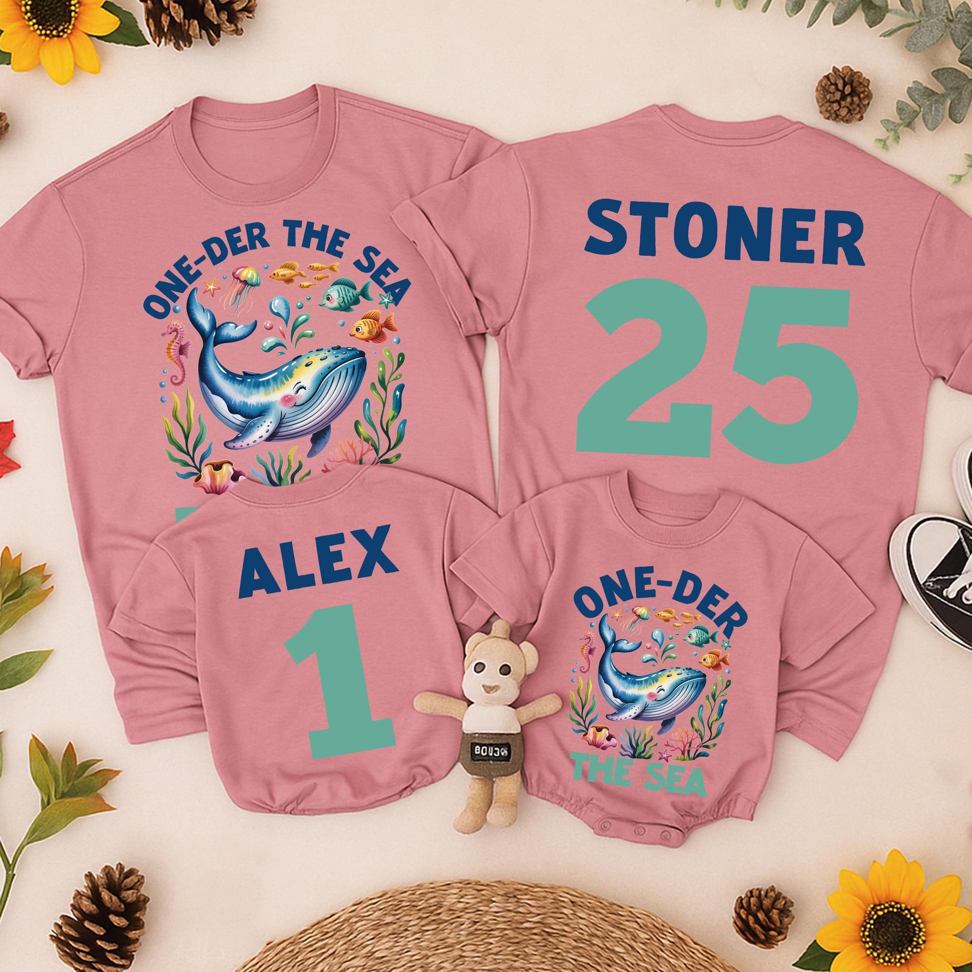 Personalized One-Der the Sea Boy First Birthday Shirt with Cartoon Whale & Colorful Ocean Animals Design Soft Cotton Baby Outfit Playful