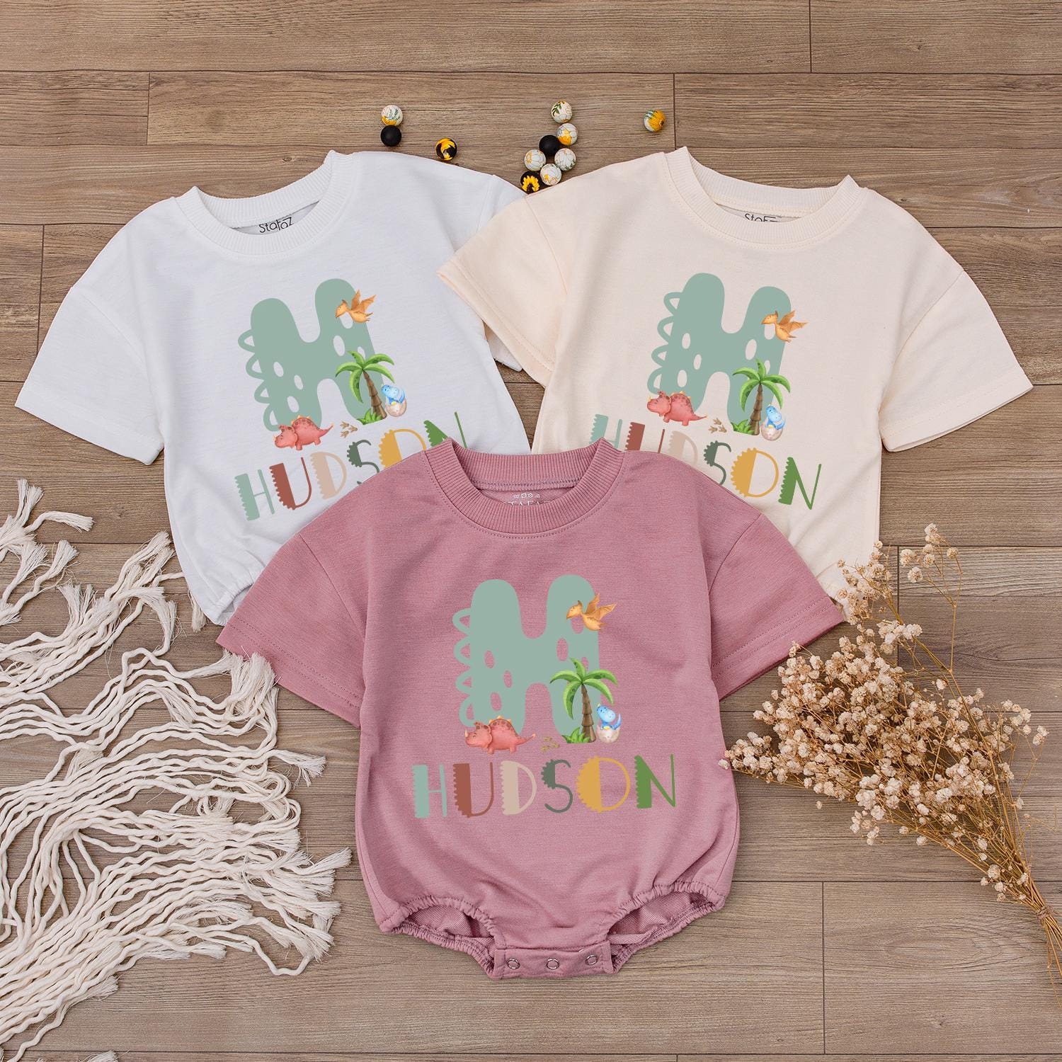 Custom Dinosaur H Baby Outfit: Personalized Hudson Name Sweatshirt & Bodysuit Set, Dino Birthday Gift, Boy Girl Clothes