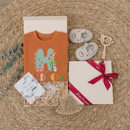 Custom Dinosaur H Baby Outfit: Personalized Hudson Name Sweatshirt & Bodysuit Set, Dino Birthday Gift, Boy Girl Clothes