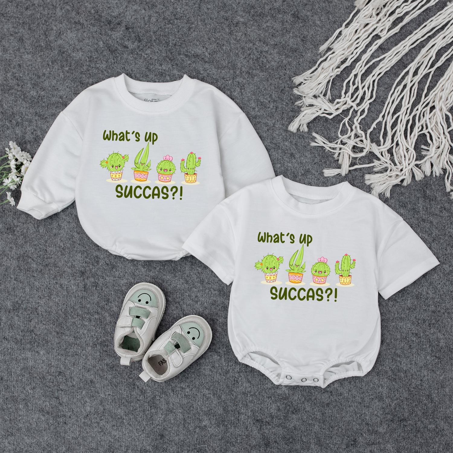What's Up Succas Baby Outfit, Funny Cactus Romper, Unique Baby Shower Gift, Playful Infant Bodysuit, Green Yellow, Cute First Birthday Present