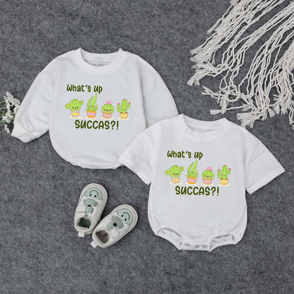What's Up Succas Baby Outfit, Funny Cactus Romper, Unique Baby Shower Gift, Playful Infant Bodysuit, Green Yellow, Cute First Birthday Present