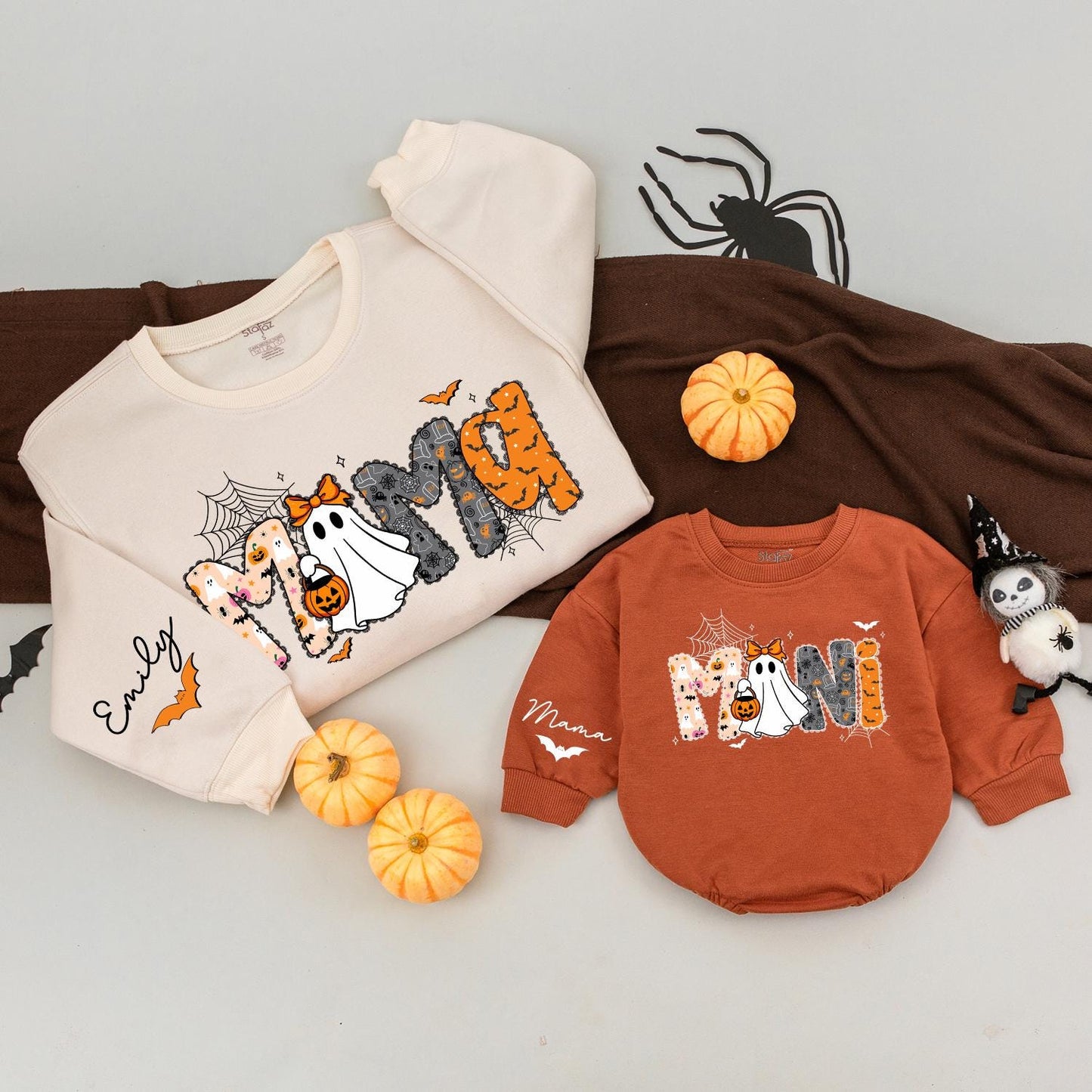 Matching Mama Mini Halloween Sweatshirts, Spooky Ghost & Bats Design, Mommy and Me, Retro Fall Family Shirts