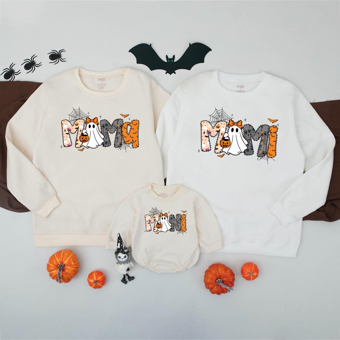 Matching Mama Mini Halloween Sweatshirts, Spooky Ghost & Bats Design, Mommy and Me, Retro Fall Family Shirts