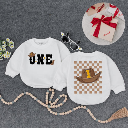 My First Rodeo Cowboy Romper Outfit for Baby Boy Cute Western Birthday Celebration Brown Hat Boot Stars Yellow 1