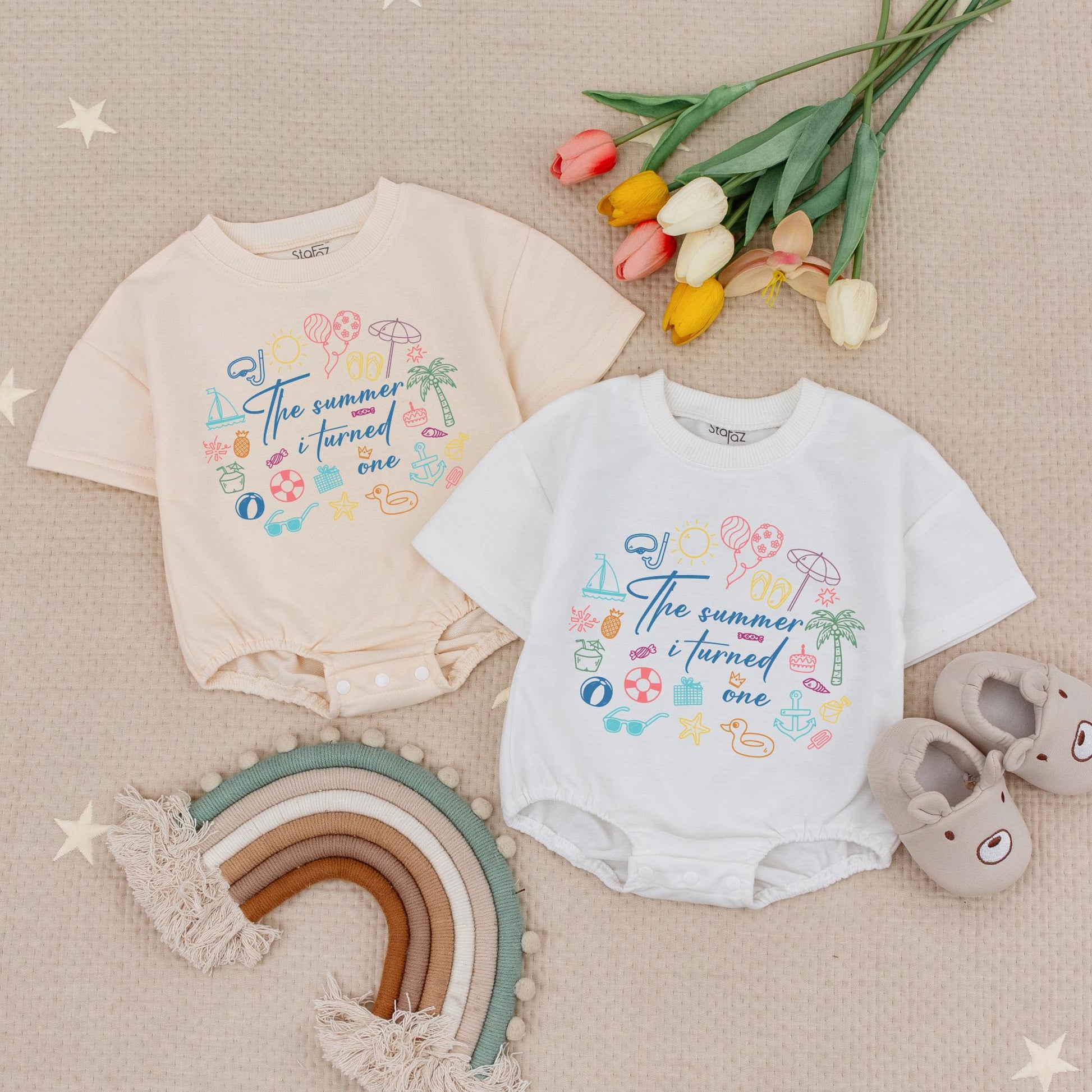 First Birthday Summer Baby Romper Beach Themed One Year Old Girl Outfit with Cute Colorful Palm Tree Sailboat Starfish Design Celebration Gift