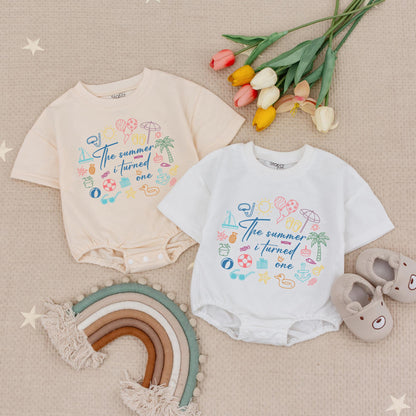 First Birthday Summer Baby Romper Beach Themed One Year Old Girl Outfit with Cute Colorful Palm Tree Sailboat Starfish Design Celebration Gift