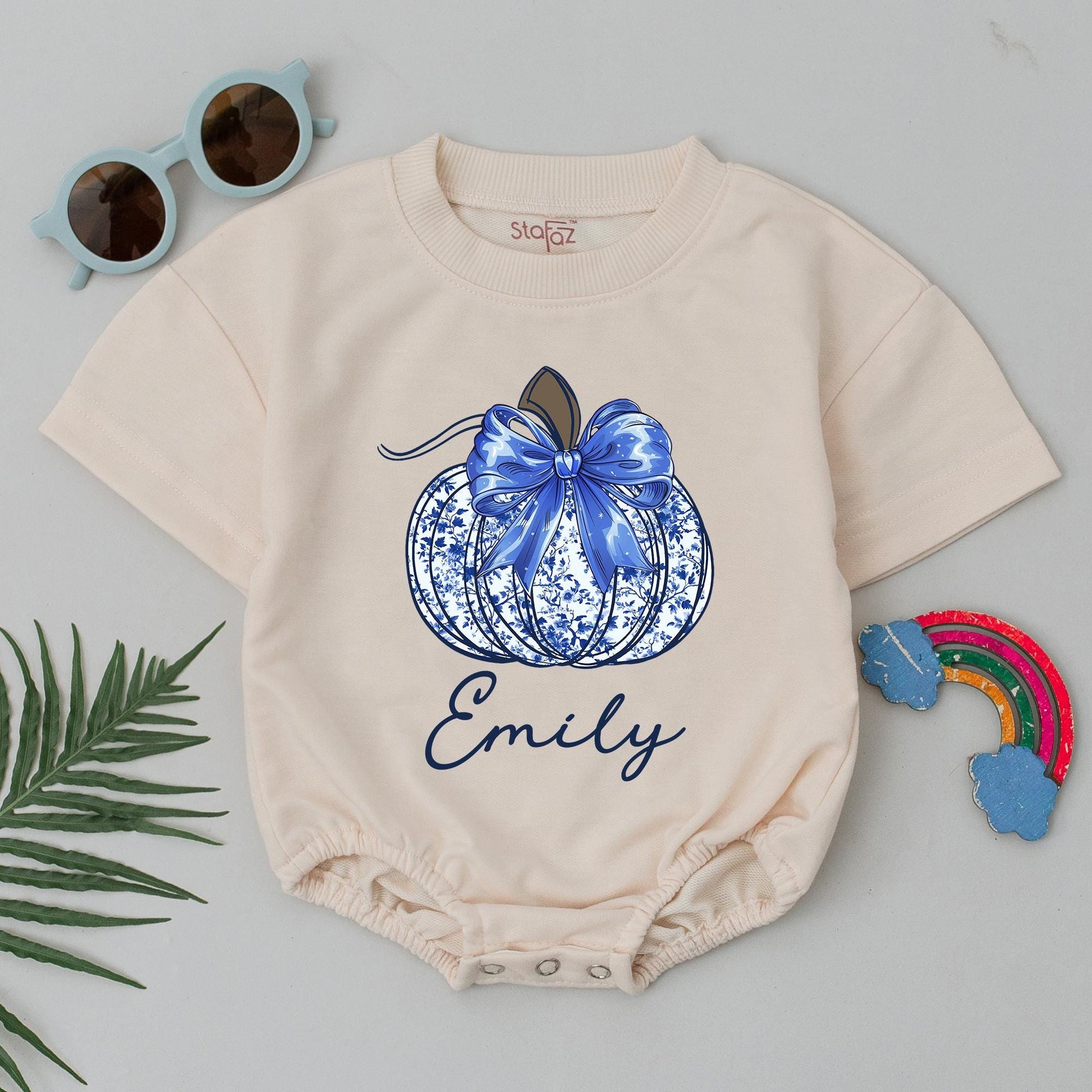 Personalized Baby Halloween Romper, Blue Chinoiserie Pumpkin Bodysuit for Emily, Cute Floral Fall Outfit, Infant Girl Clothes, Unique Shower Gift 138