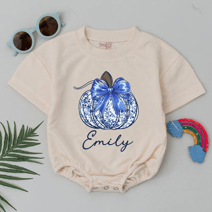 Personalized Baby Halloween Romper, Blue Chinoiserie Pumpkin Bodysuit for Emily, Cute Floral Fall Outfit, Infant Girl Clothes, Unique Shower Gift 138