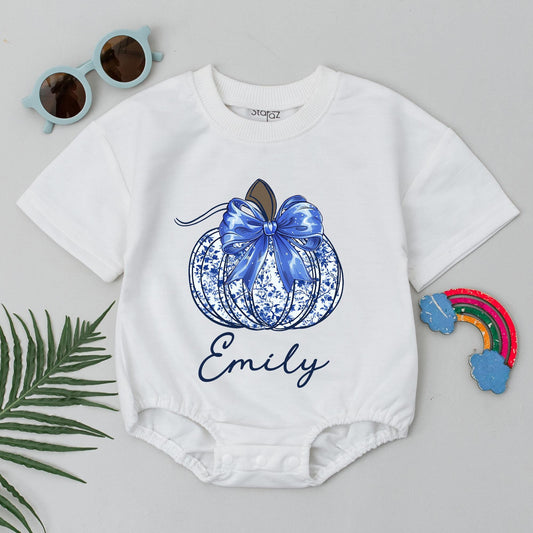 Personalized Baby Halloween Romper, Blue Chinoiserie Pumpkin Bodysuit for Emily, Cute Floral Fall Outfit, Infant Girl Clothes, Unique Shower Gift 138