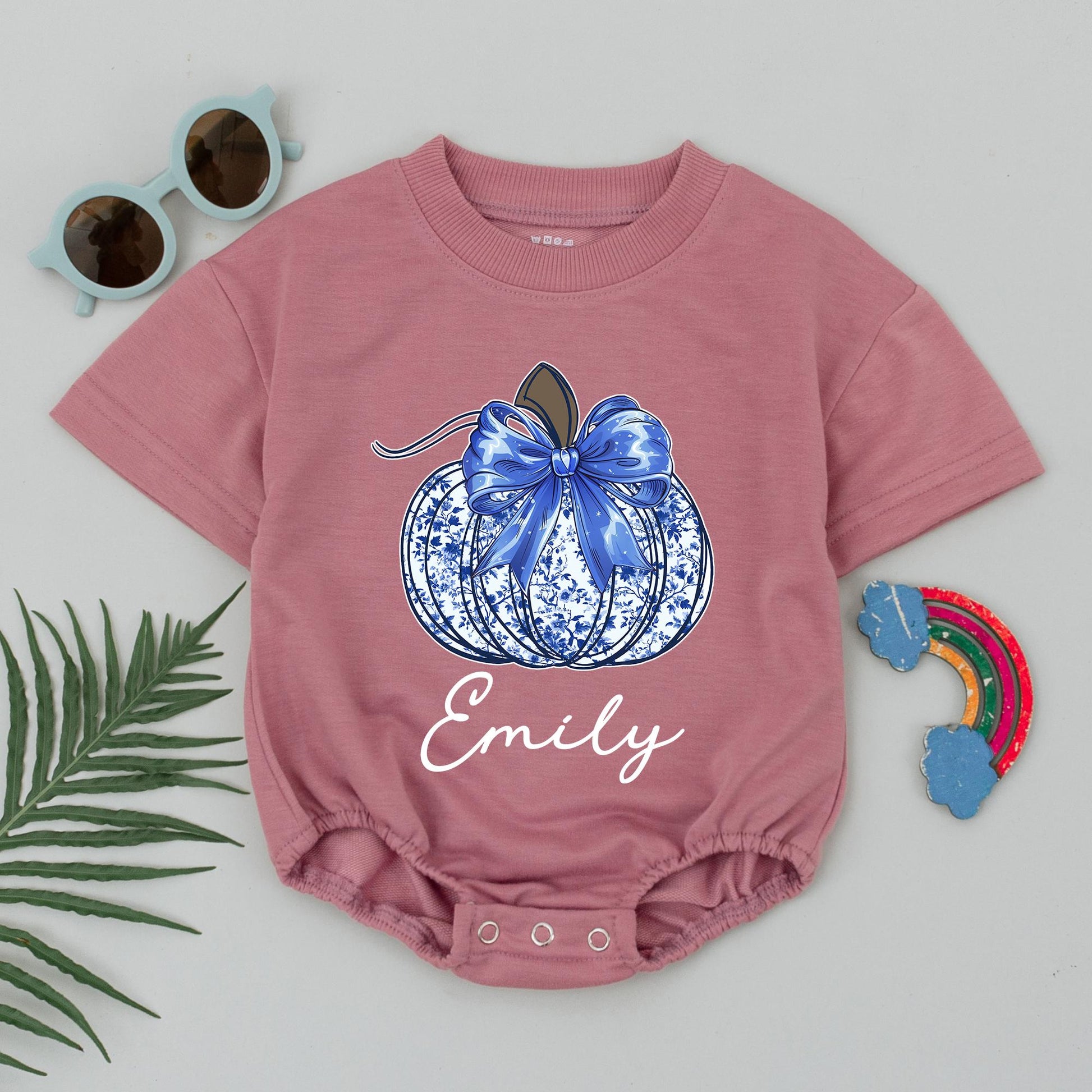 Personalized Baby Halloween Romper, Blue Chinoiserie Pumpkin Bodysuit for Emily, Cute Floral Fall Outfit, Infant Girl Clothes, Unique Shower Gift 138