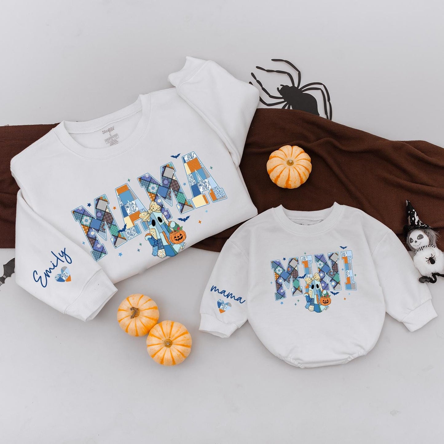 Custom Mama Mini Halloween Sweatshirts Patchwork Ghost Design, Retro Spooky Season Matching Mommy and Me Outfits, Personalized Family Halloween Gift Idea