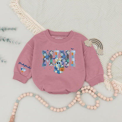Custom Mama Mini Halloween Sweatshirts Patchwork Ghost Design, Retro Spooky Season Matching Mommy and Me Outfits, Personalized Family Halloween Gift Idea