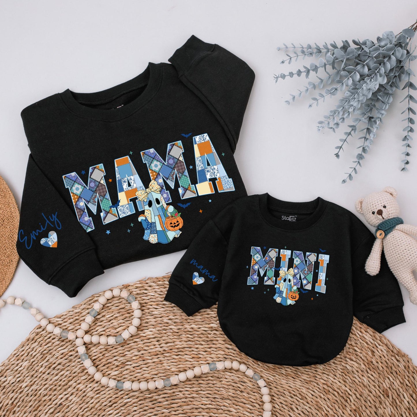 Custom Mama Mini Halloween Sweatshirts Patchwork Ghost Design, Retro Spooky Season Matching Mommy and Me Outfits, Personalized Family Halloween Gift Idea