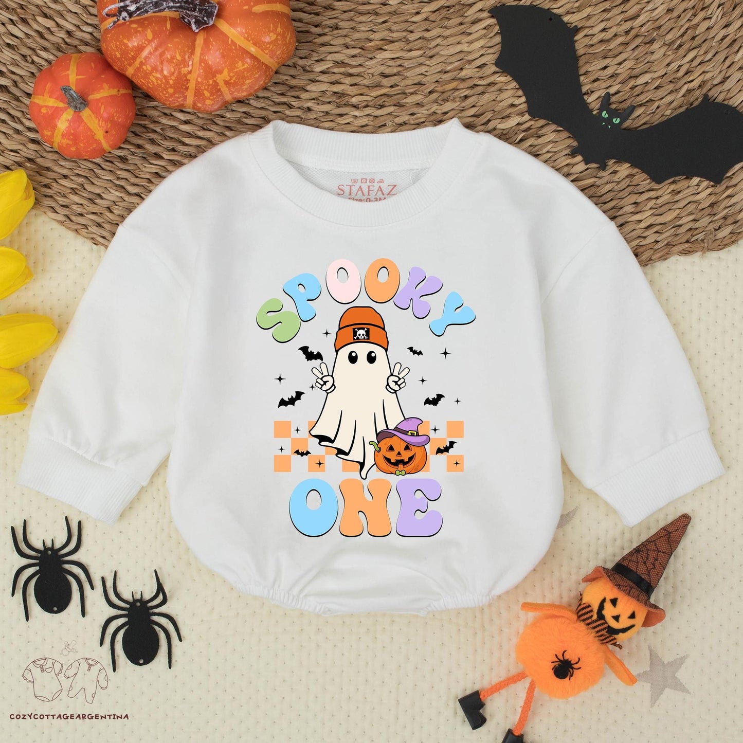 Spooky One Halloween Baby Boy Romper, First Birthday Outfit, Retro Ghost & Pumpkin Design, Fall Baby Costume, Trick or Treat