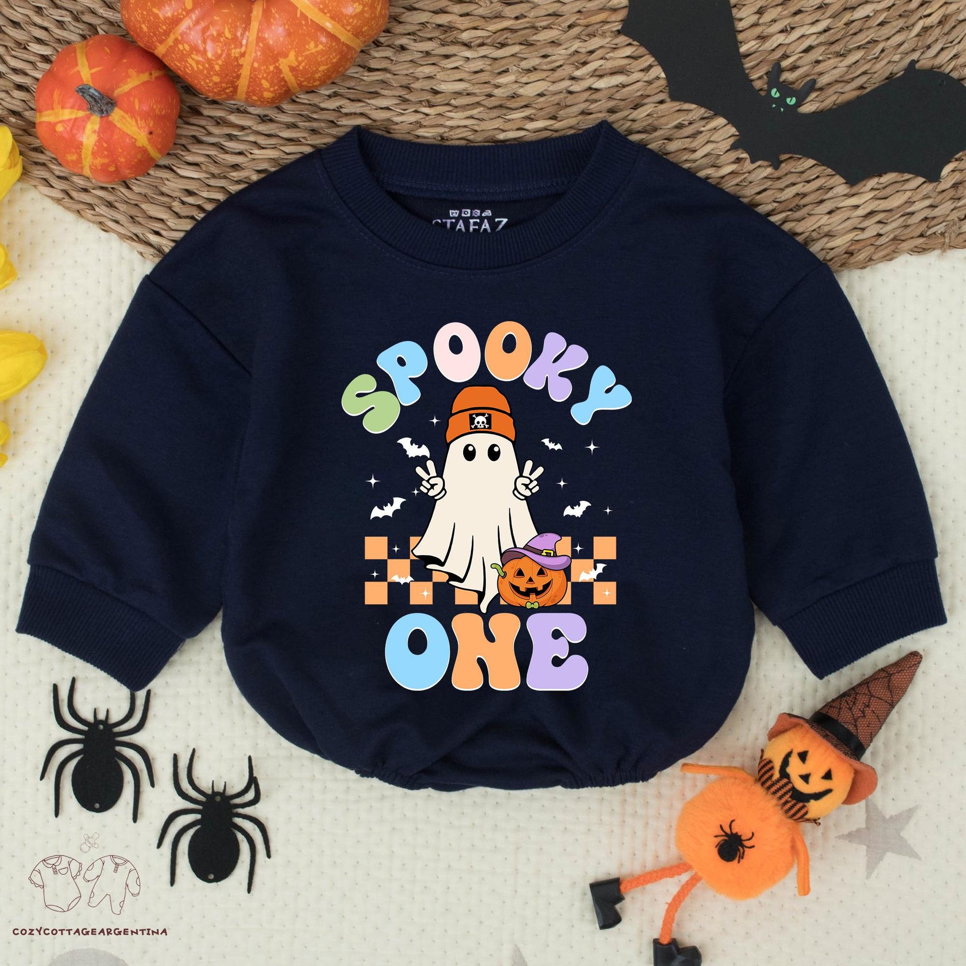 Spooky One Halloween Baby Boy Romper, First Birthday Outfit, Retro Ghost & Pumpkin Design, Fall Baby Costume, Trick or Treat