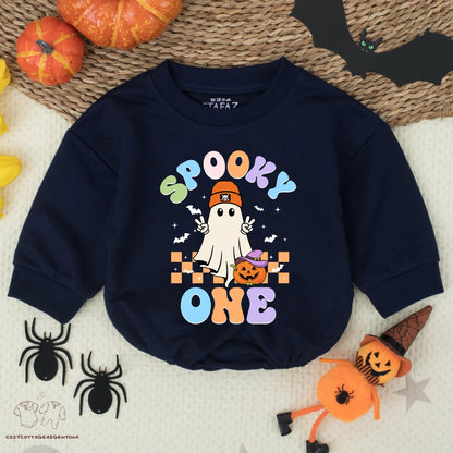 Spooky One Halloween Baby Boy Romper, First Birthday Outfit, Retro Ghost & Pumpkin Design, Fall Baby Costume, Trick or Treat