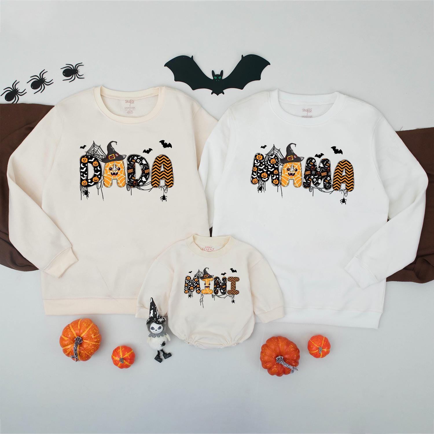 Matching Family Halloween Sweatshirts Spooky DADA MAMA MINI Graphic Orange Black White Witch Hat Dripping Cartoon Fall Outfits