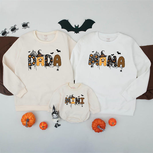 Matching Family Halloween Sweatshirts Spooky DADA MAMA MINI Graphic Orange Black White Witch Hat Dripping Cartoon Fall Outfits