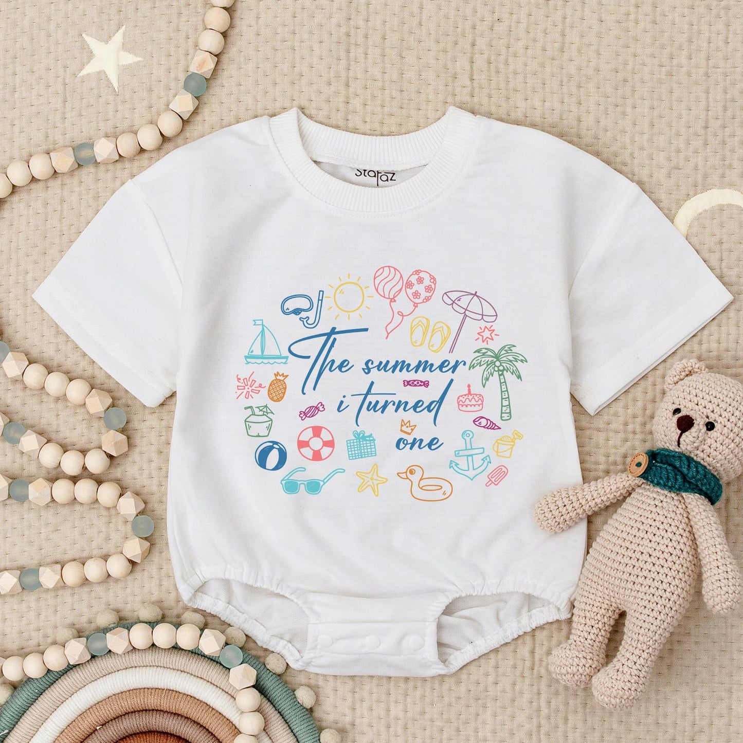 First Birthday Summer Baby Romper Beach Themed One Year Old Girl Outfit with Cute Colorful Palm Tree Sailboat Starfish Design Celebration Gift