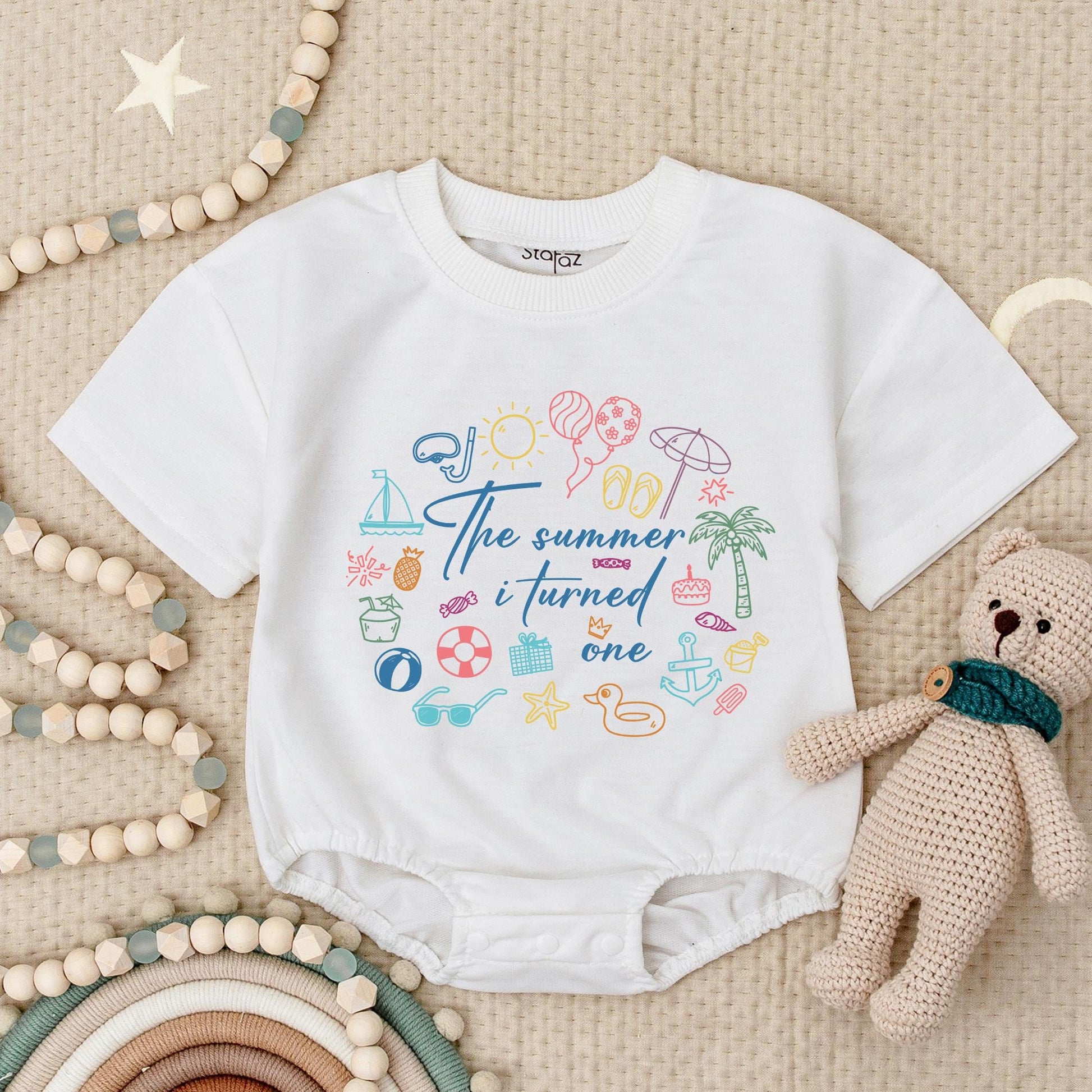 First Birthday Summer Baby Romper Beach Themed One Year Old Girl Outfit with Cute Colorful Palm Tree Sailboat Starfish Design Celebration Gift