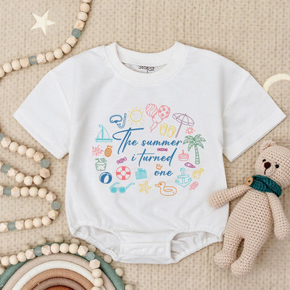 First Birthday Summer Baby Romper Beach Themed One Year Old Girl Outfit with Cute Colorful Palm Tree Sailboat Starfish Design Celebration Gift