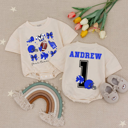 Custom Team Cheer Romper: "Andrew #1" Football Bow Babysuit, Blue Helmets & Megaphones, Personalized School Spirit Outfit, Cute Girls Game Day Clothes