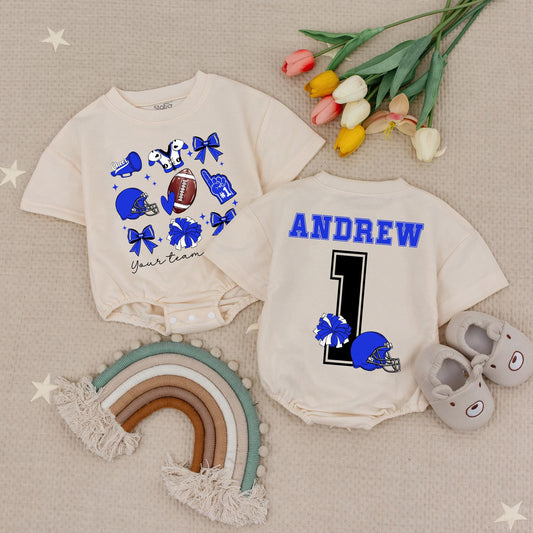 Custom Team Cheer Romper: "Andrew #1" Football Bow Babysuit, Blue Helmets & Megaphones, Personalized School Spirit Outfit, Cute Girls Game Day Clothes