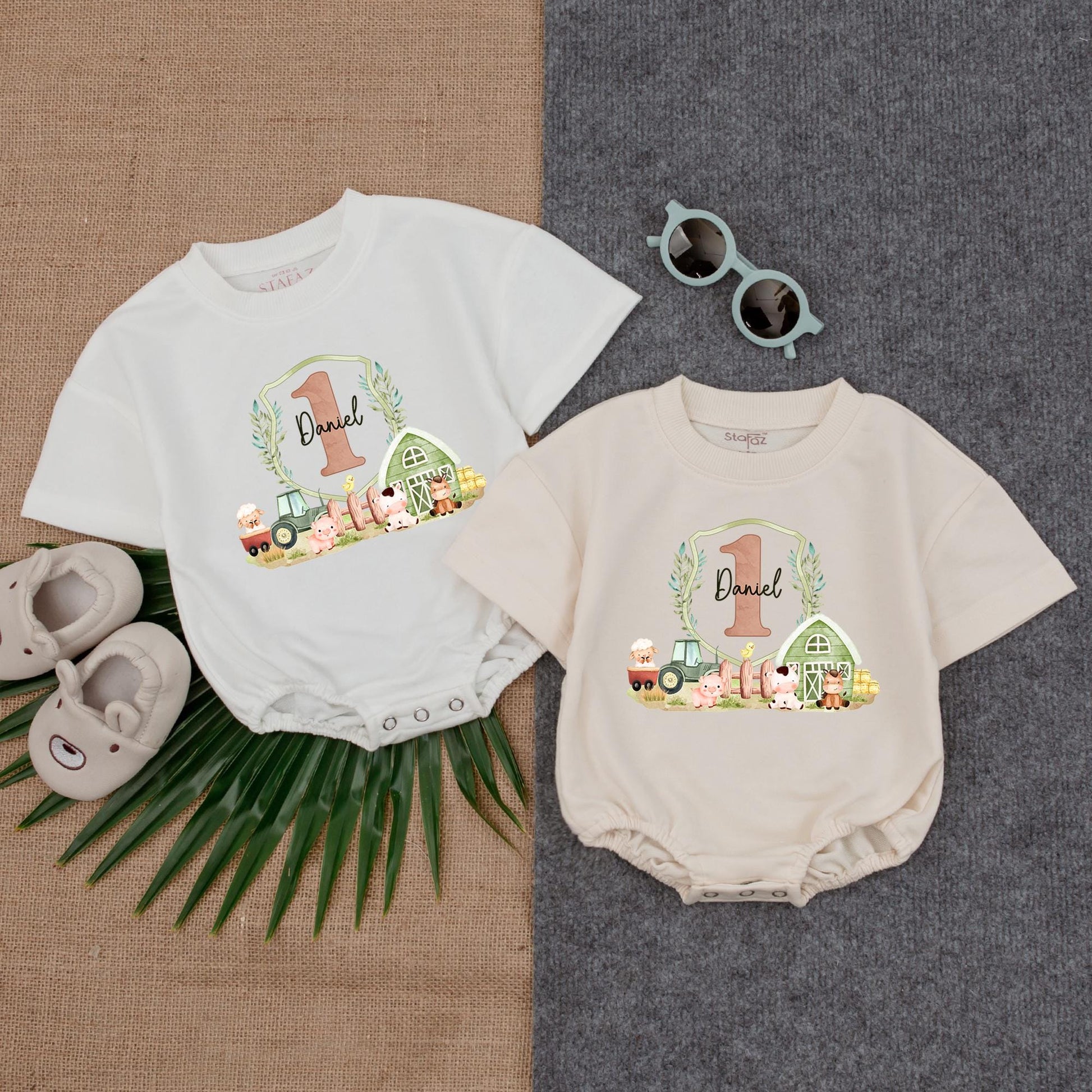Custom Daniel 1st Birthday Farm Bubble Romper Cute Barn Animal Tractor Design Muted Earthy Green Pink Toddler Baby Boy Gift Outfit