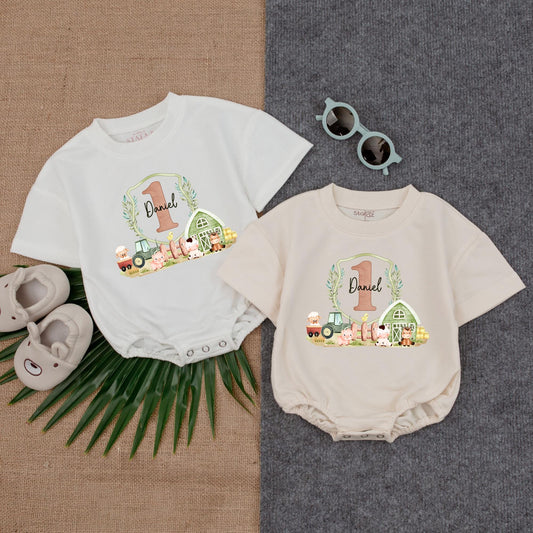 Custom Daniel 1st Birthday Farm Bubble Romper Cute Barn Animal Tractor Design Muted Earthy Green Pink Toddler Baby Boy Gift Outfit