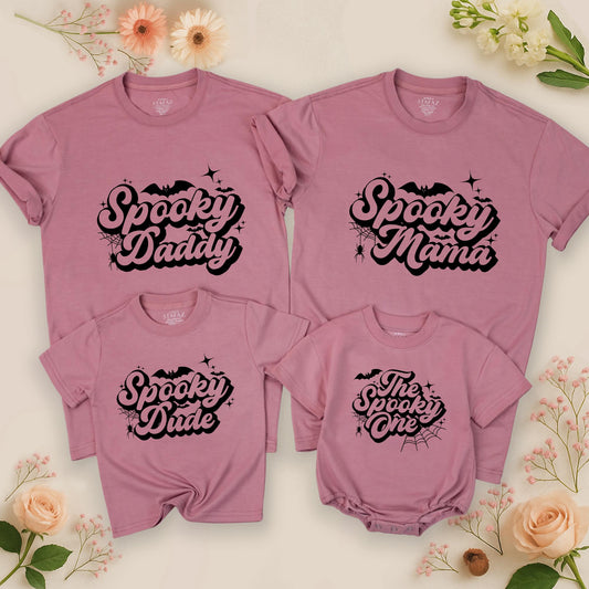 The Spooky One Halloween Birthday Sweater and Spooky Mama Matching Family Outfits with Bats Stars and Spiderweb Graphics