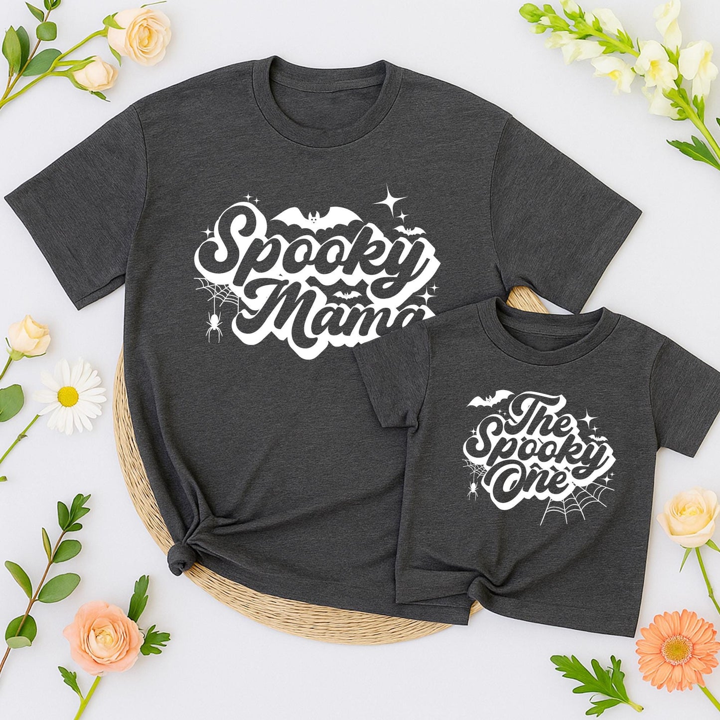 The Spooky One Halloween Birthday Sweater and Spooky Mama Matching Family Outfits with Bats Stars and Spiderweb Graphics
