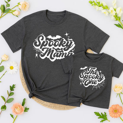 The Spooky One Halloween Birthday Sweater and Spooky Mama Matching Family Outfits with Bats Stars and Spiderweb Graphics