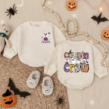 Amelia's Ghost Cousin Crew Halloween Outfit Personalized Baby Toddler Romper Spooky Family Matching Boo Crew Shirt