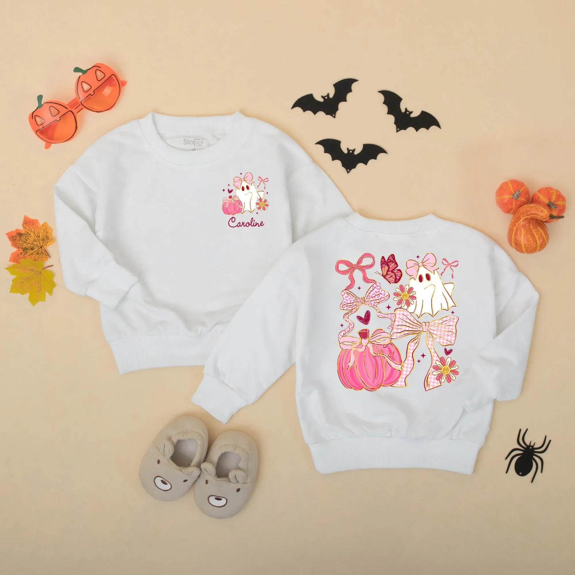 Personalized Halloween Baby Romper, Cute Ghost with Pink Bow & Pumpkin, Custom Name Girl's First Halloween Outfit, Spooky Sparkle Bodysuit, Newborn Gift 