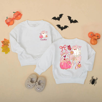 Personalized Halloween Baby Romper, Cute Ghost with Pink Bow & Pumpkin, Custom Name Girl's First Halloween Outfit, Spooky Sparkle Bodysuit, Newborn Gift 