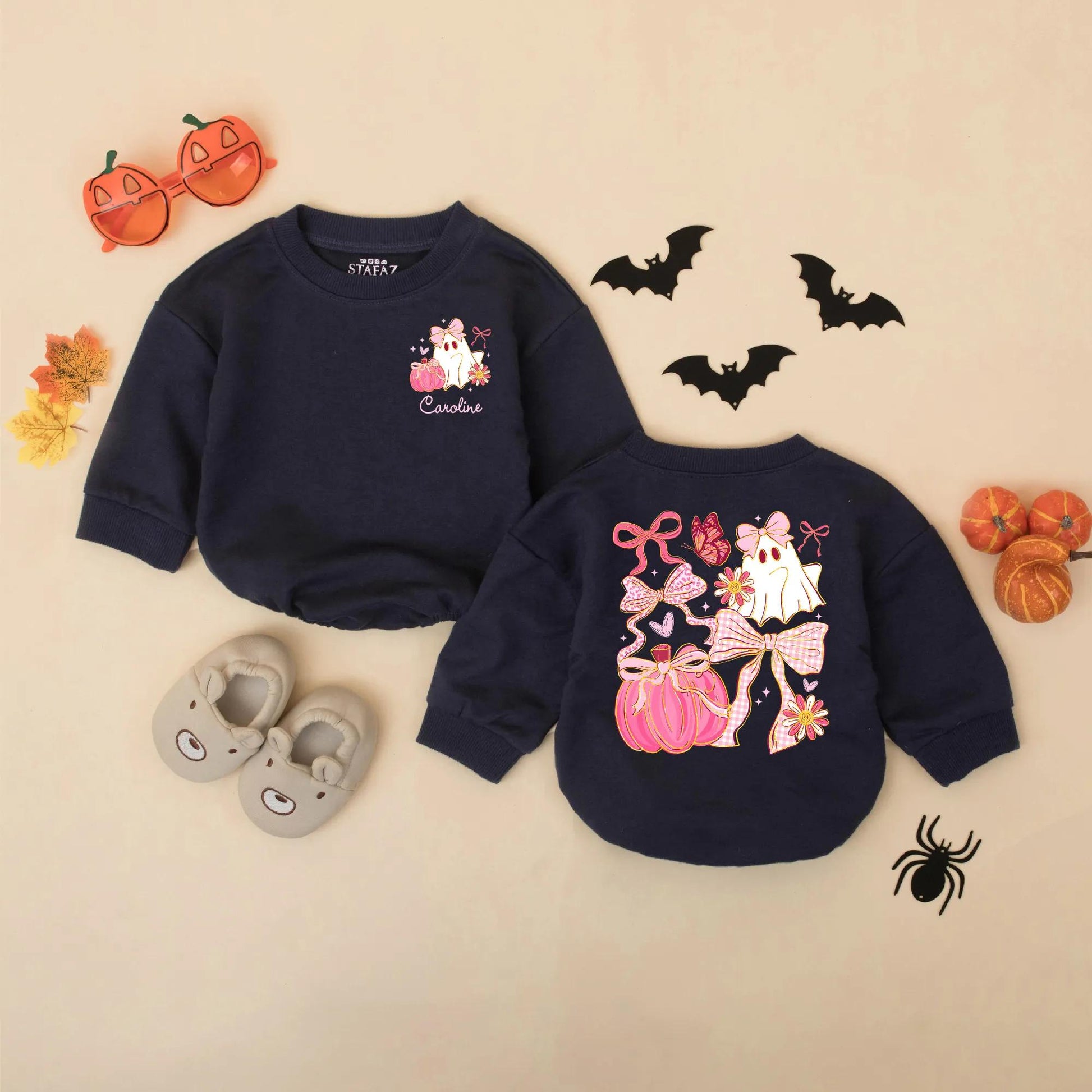 Personalized Halloween Baby Romper, Cute Ghost with Pink Bow & Pumpkin, Custom Name Girl's First Halloween Outfit, Spooky Sparkle Bodysuit, Newborn Gift 