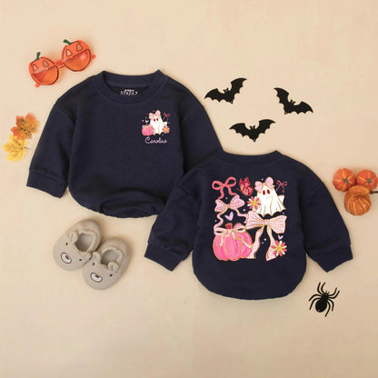 Personalized Halloween Baby Romper, Cute Ghost with Pink Bow & Pumpkin, Custom Name Girl's First Halloween Outfit, Spooky Sparkle Bodysuit, Newborn Gift 