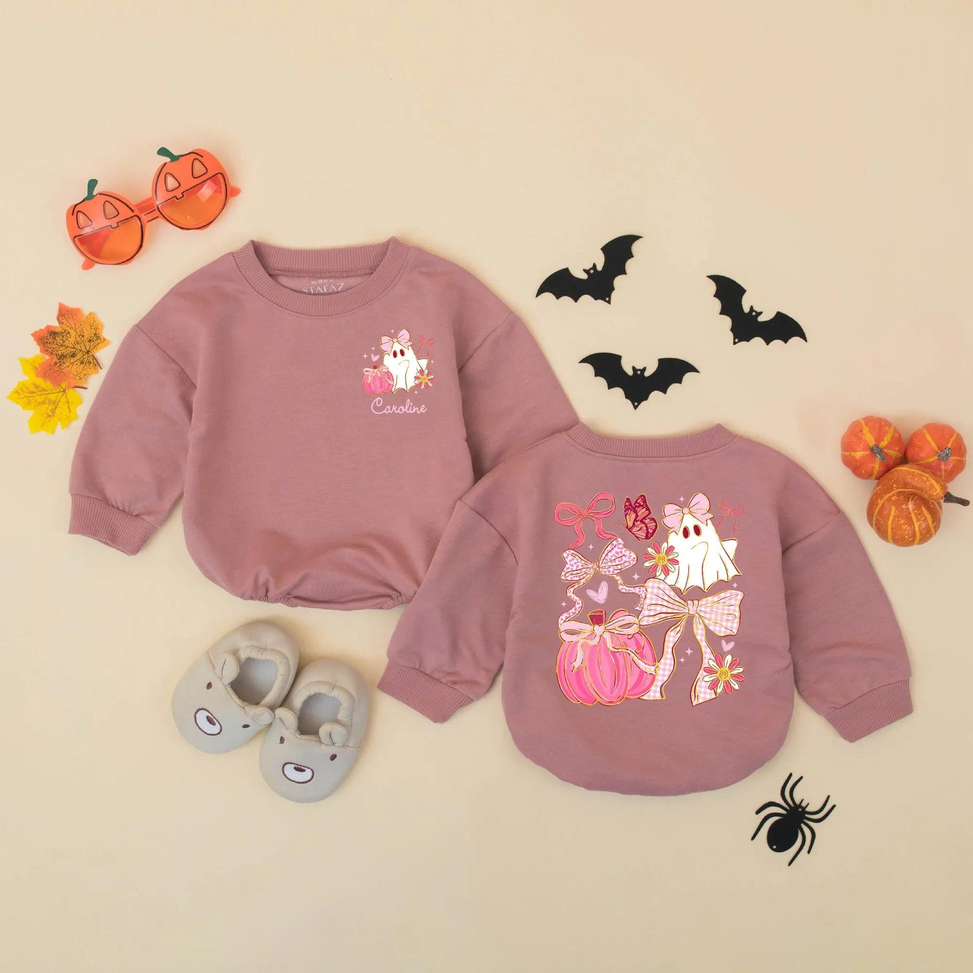Personalized Halloween Baby Romper, Cute Ghost with Pink Bow & Pumpkin, Custom Name Girl's First Halloween Outfit, Spooky Sparkle Bodysuit, Newborn Gift 