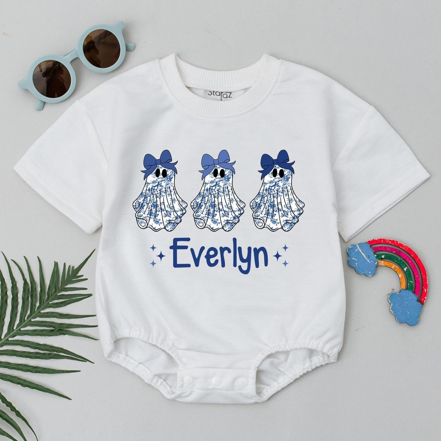 Cute Blue Chinoiserie Ghost Halloween Romper Personalized 'Everlyn' Baby Bodysuit Whimsical Fall Outfit