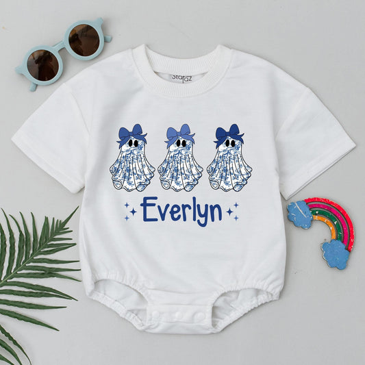 Cute Blue Chinoiserie Ghost Halloween Romper Personalized 'Everlyn' Baby Bodysuit Whimsical Fall Outfit