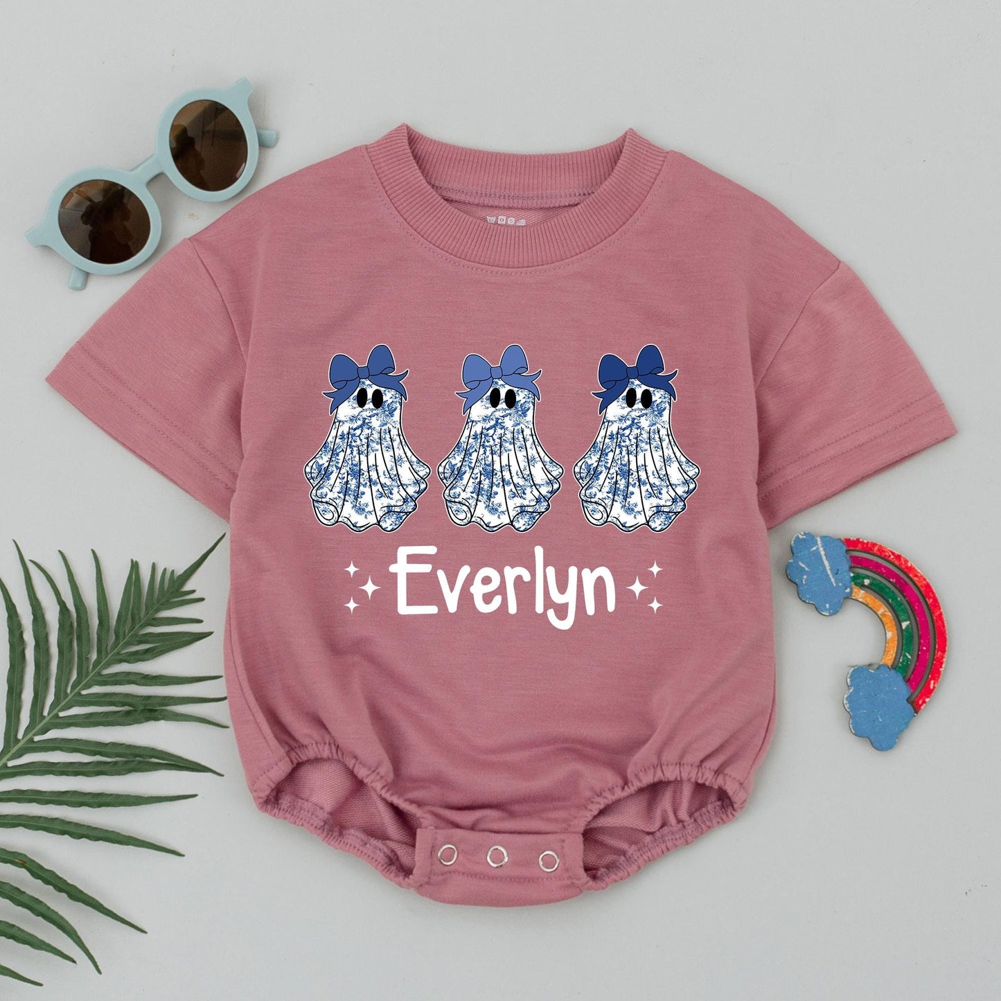 Cute Blue Chinoiserie Ghost Halloween Romper Personalized 'Everlyn' Baby Bodysuit Whimsical Fall Outfit