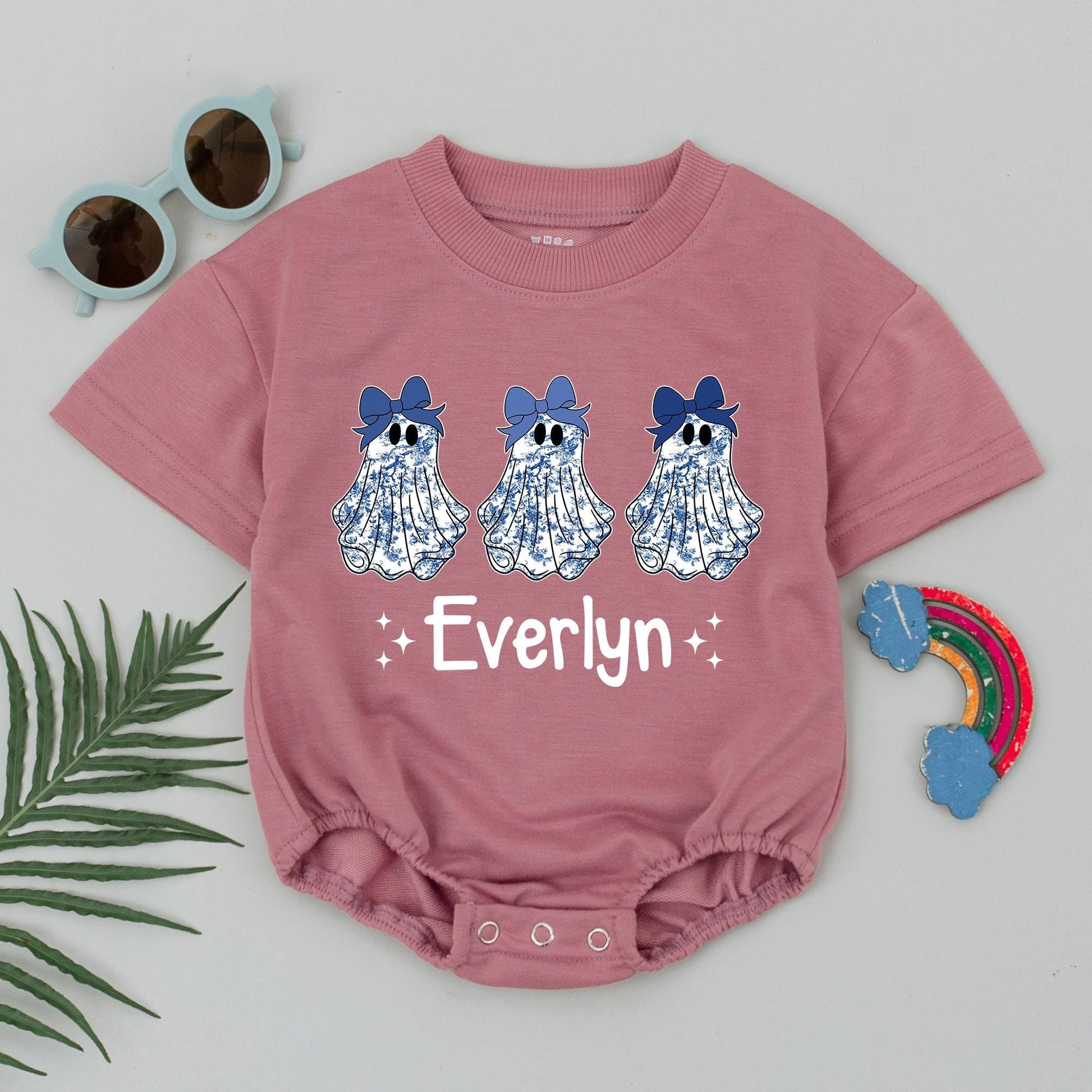 Cute Blue Chinoiserie Ghost Halloween Romper Personalized 'Everlyn' Baby Bodysuit Whimsical Fall Outfit