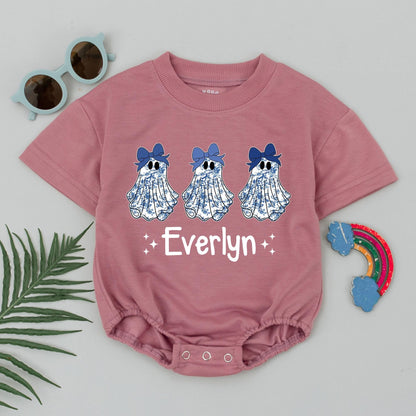 Cute Blue Chinoiserie Ghost Halloween Romper Personalized 'Everlyn' Baby Bodysuit Whimsical Fall Outfit